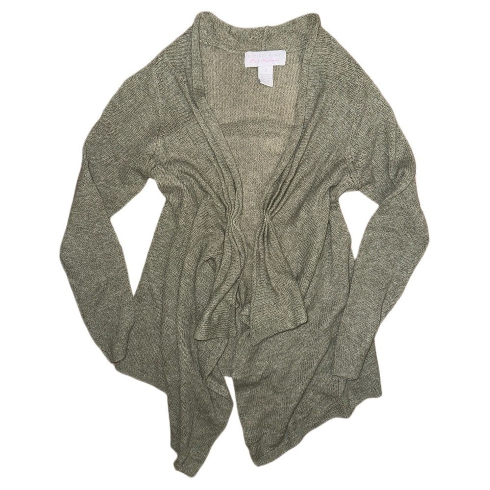 Design History 100% Cashmere Ladies Sz S High Low Olive Green Waterfall Cardigan